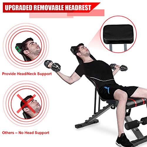 Adjustable Weight Bench with Upgraded Headrest, Foldable Workout Bench for Home Gym Strength Training, 500lbs Incline Decline Flat Exercise Bench Press for Wegiht Lifting by Dualeco