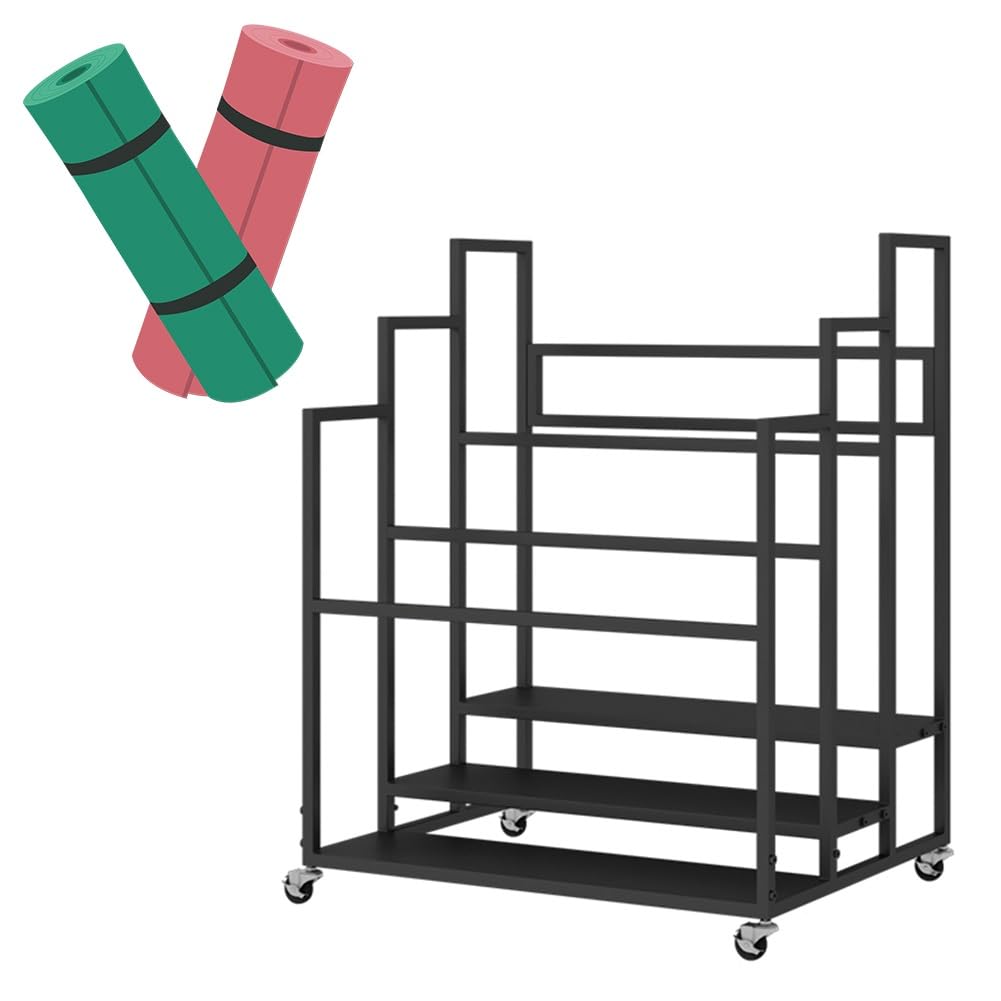 Cesta de soporte para esterilla de yoga con ruedas, carrito de almacenamiento duradero para gimnasio y estudio de yoga, 30 alfombrillas y rodillos de espuma, calidad comercial (negro)