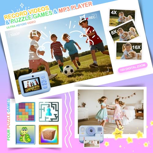 Image of Instant Print Camera for Kids, Christmas Birthday Gifts for Girls Boys Age 3-15, 1080P Selfie Portable Digital Video Camera with 32GB SD Card, 3-Colored Print Paper- Blue