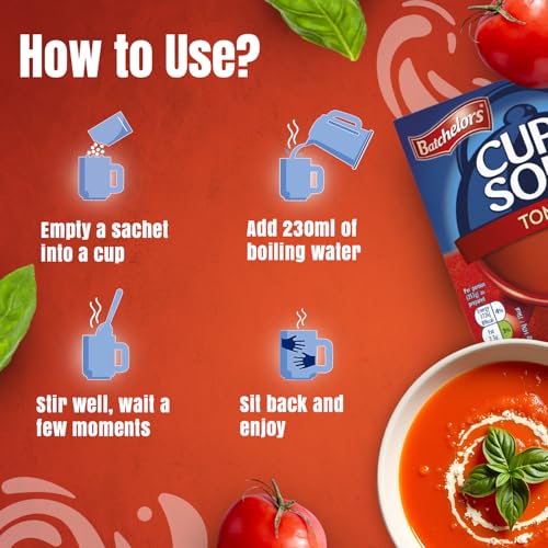 Image of Batchelors Cup A Soup Tomato Instant Mix 93g (4 Sachets) | Smooth Tomato Drink | Low Fat Vegetarian | Quick & Easy Just Add Hot Water