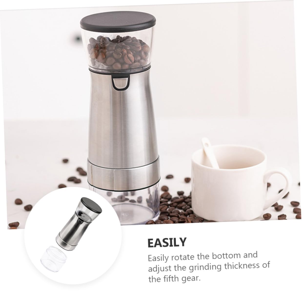 Molinillo Eléctrico de Acero Inoxidable para Café Ajuste de Cinco Niveles | Carga Usb, Grosor Regulable, Acabado Plata, Núcleo Cerámico y Piezas Pet, Pp y Abs