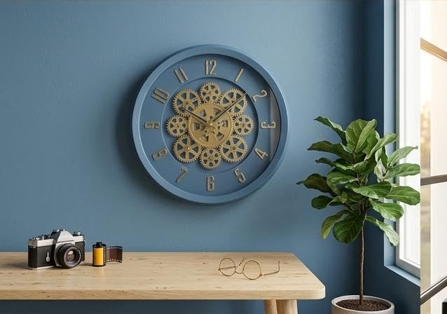 Image of Moving Gear Wall Clock, Round, Gold and Rose Gold Finish, Options (Blue, Set of 1 Clock)