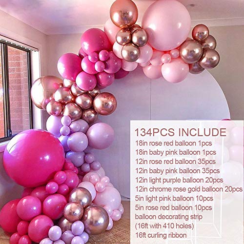 Princess Hot Rose Red Balloon Baby Pink Balloon Rose Gold Balloon Macaron 132Pcs,Balloon Arch for Birthday of The Princess,Engagement,Graduation,Picnic,Baby Shower,Christmas or Party Decoration