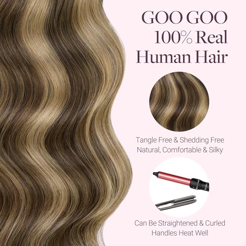 Image of GOO GOO Sew in Hair Extensions Real Human Hair, Micro Beaded Weft Hair Extensions Human Hair, 4 /27 /4 Balayage Chocolate Brown to Caramel Blonde 22 Inch 110g, Natural Volume