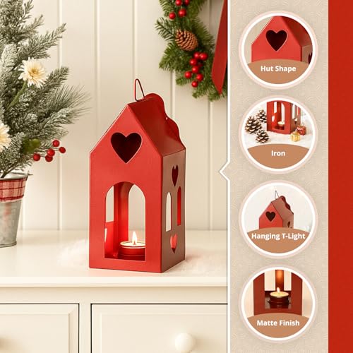Image of MARKET 99 Hanging T-Lite Holder Hut Metal Red Matte Finish - Xmas & Christmas Home Decor Candle Holder, Festive Hanging Lantern for Living Room, Bedroom, Patio, Outdoor & Holiday Decorations