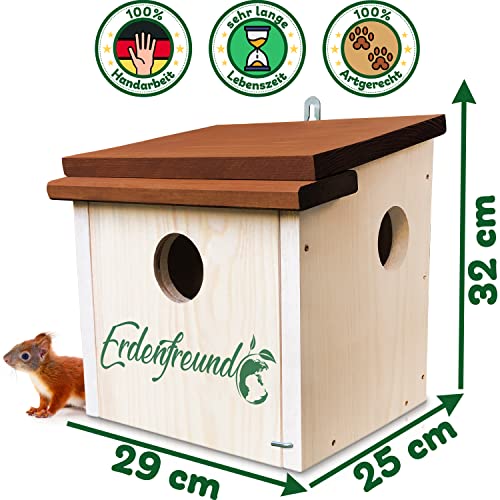 ERDENFREUND® Eichhörnchen Kobel artgerecht mit 3 Fluchtlöchern Eichhörnchenhaus zum Nisten Jungtiere aufziehen und für die Winterruhe von Eichhörnchen