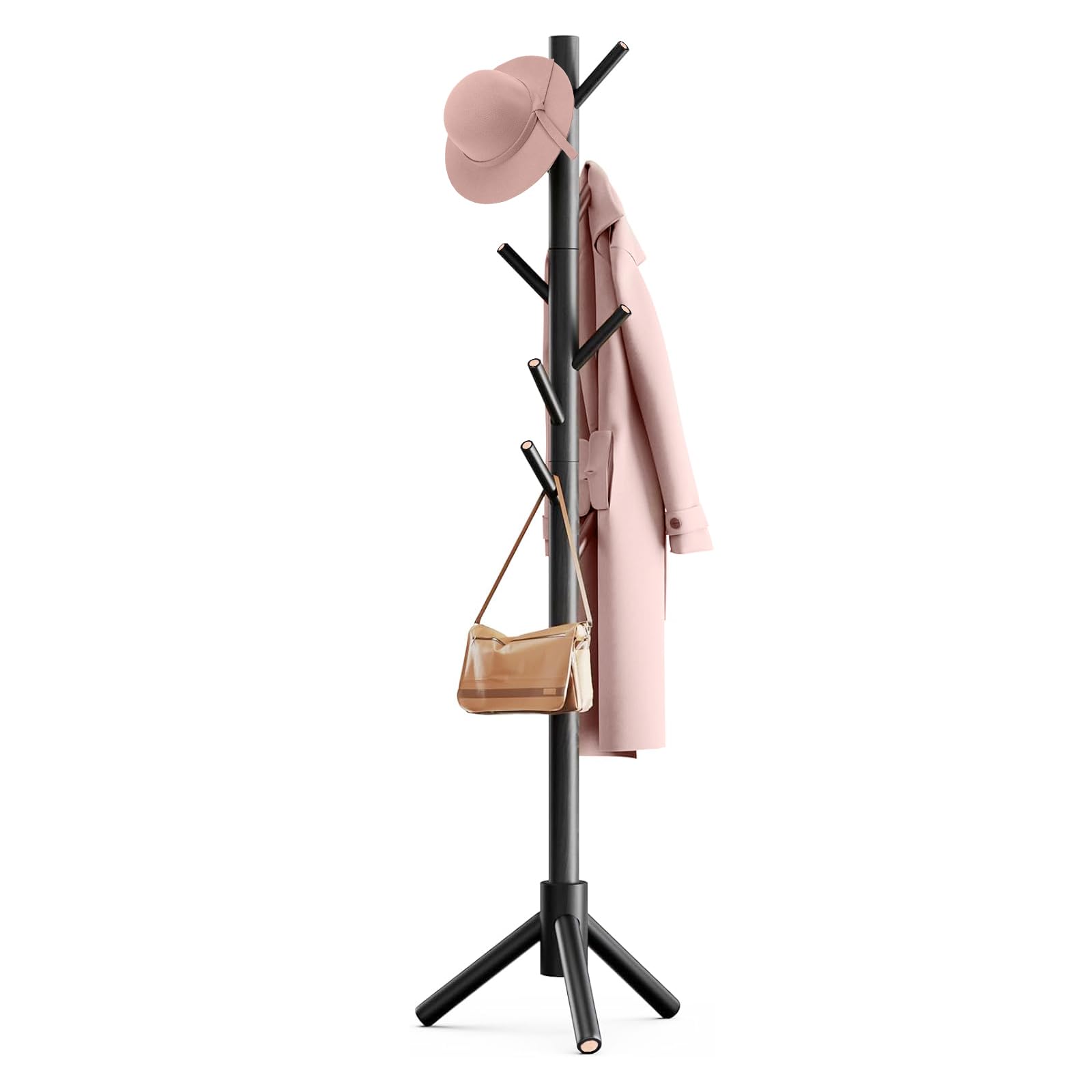 Perchero de Piso Madera con Capa Plástica Negro, 8 Ganchos y Altura Ajustable, Perchero para Bolsas, Sombreros y Bufandas, para Ropa Dormitorio, Entrada y Oficina