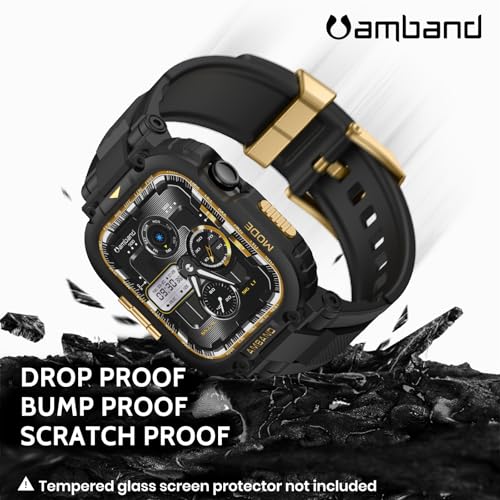 Image of amBand for Apple Watch Series 11 /10 42mm Bands Case for Men, M1 Sport Rugged Heavy Duty Bumper Protector Tactical Strap Military Protective Cover for iWatch Workout Accessory 42 mm - Black Gold