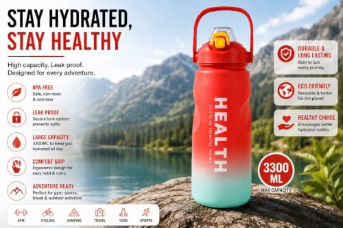 Image of Ryaco Delzon 3300ml Water Bottle with Time Marker, 3.3L Large Sipper Bottle for Gym & Workout, Motivational Hydration Bottle for Adults, Men & Women, Sports, Fitness, Travel & Outdoor
