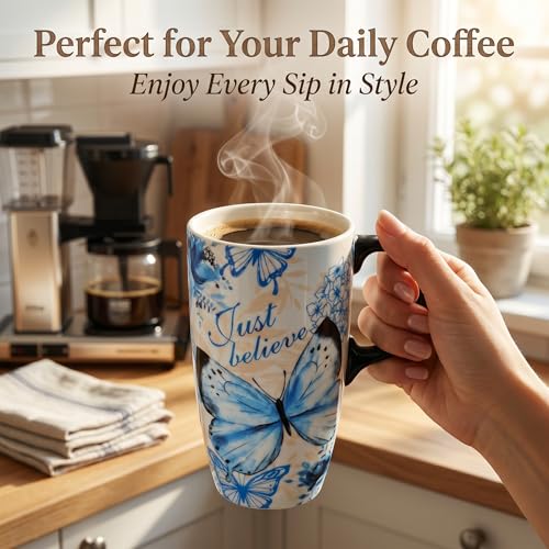 Taza de cerámica azul con mariposas 17oz con tapa miniatura 4
