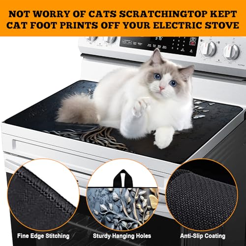 Image of Multi-Design Stove Top Cover for Glass /Electric Stoves - 3-in-1 Heat-Resistant Protector Mat, Non-Slip Drying Rack 28 inchx20 inch (Tree of Life - Black, 28 inch L x 20 inch W)