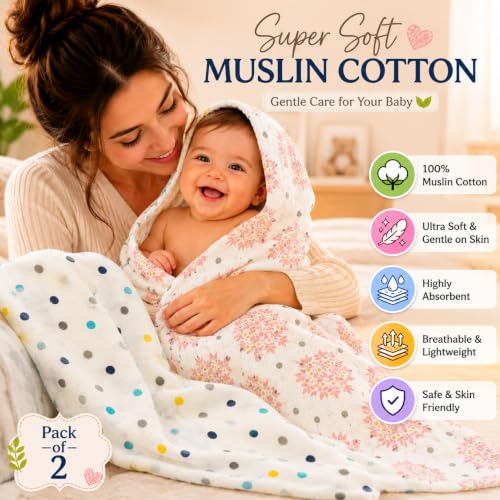 Image of Organic Cotton Muslin Pack of 2 Baby Bath Towel Cotton Cloth Premium Baby Washable, Reusable, Absorbent, Extra Soft 120 X 120 Cm Multi Dot & Leaf Dot