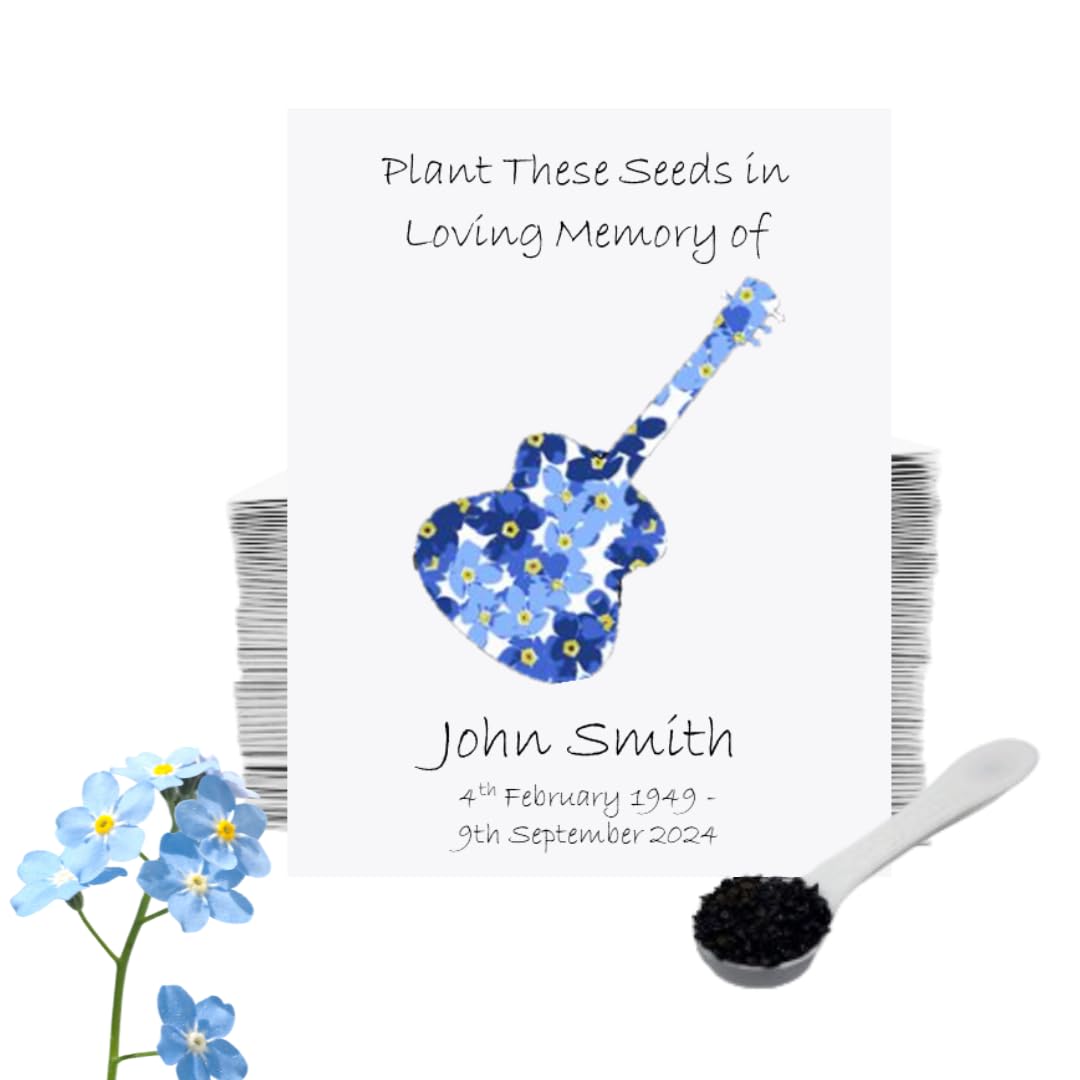 25 Funeral Forget Me Not Seed Packets – Personalised Remembrance Favour • Memorial Condolence Gifts for Guests • Celebration of Life Keepsake (Guitar Design)