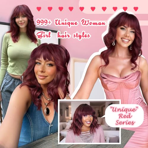 Image of Nnzes Bob Curly Wig Synthetic Short Wine Red Wig with Bangs Natural Looking Heat Resistant Fiber Hair for Women