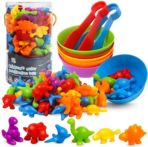 Counting Dinosaurs Toys Matching Game with Sorting Bowls Preschool Learning Activities Montessori Sensory Teaching Toys for Math Counters Color Sorting for Toddlers Kids Age 3+ Old Boys Girls