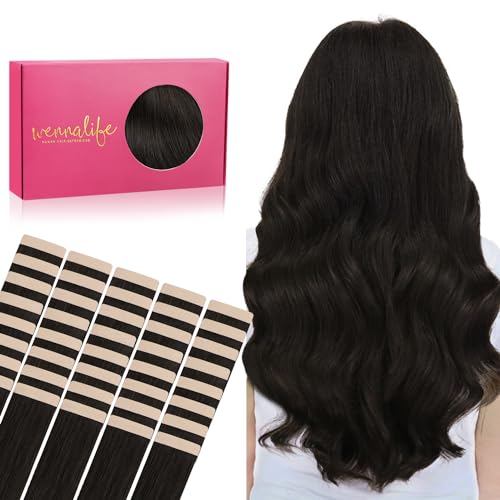Image of Wennalife Tape in Hair Extensions Human Hair, 40pcs 100g 24 inch Dark Brown Hair Extensions Real Human Hair Straight Tape in Extensions Invisible Human Hair Extensions Reusable Real Hair Extensions