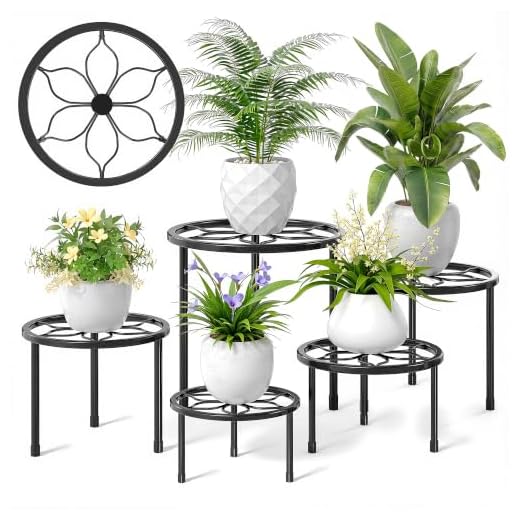 VECELO Metal Plant Stands Set of 5, Multiple Heavy Duty Flower Pot Stand, Round Plant Holder, Black