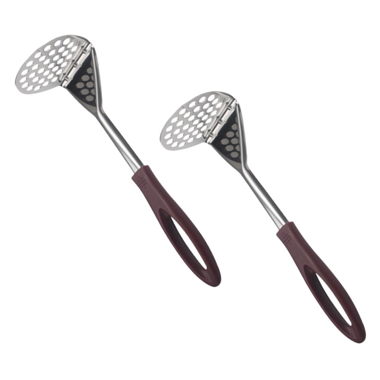 SHOWERORO 2Pcs Long Handle Stainless Steel Potato Mashers Cooking Tools with Ergonomic Grip Shovels for Easy Potato and Vegetable Mashing Convenient Storage Design