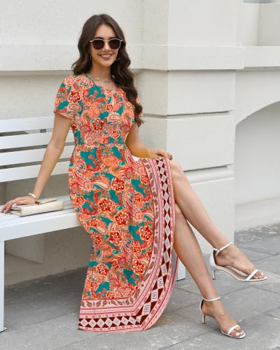 Image of COSSEN Women's Crew Neck Short Sleeve Maxi Dress with Pockets Casual Loose Swing for Wedding Guest Beach Vacation