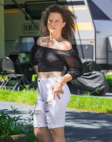 Roswear Women's Ripped Denim Mid Rise Stretchy Bermuda Shorts Jeans White Large #TOP4