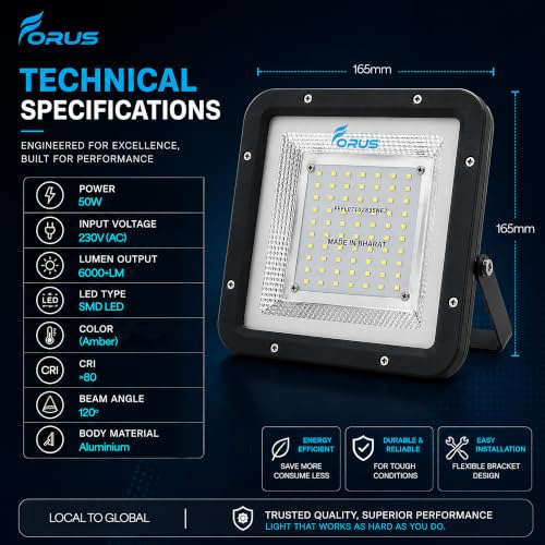 Image of Forus 50W LED Flood Light Outdoor, IP67 Waterproof Wall Mounted Outside Light, High Bright Amber LED Flood Light for Parking, Society, Industrial & Flood Lighting with 4 Year Warranty (1 Pc)
