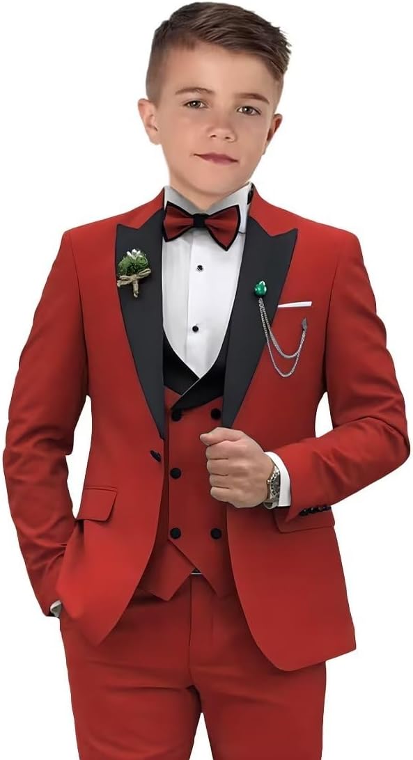 Boys Formal Suit Set 3 Piece Peak Lapel Blazer Vest Pants with Bow Tie Toddler Tuxedo Outfit for Wedding Party Prom