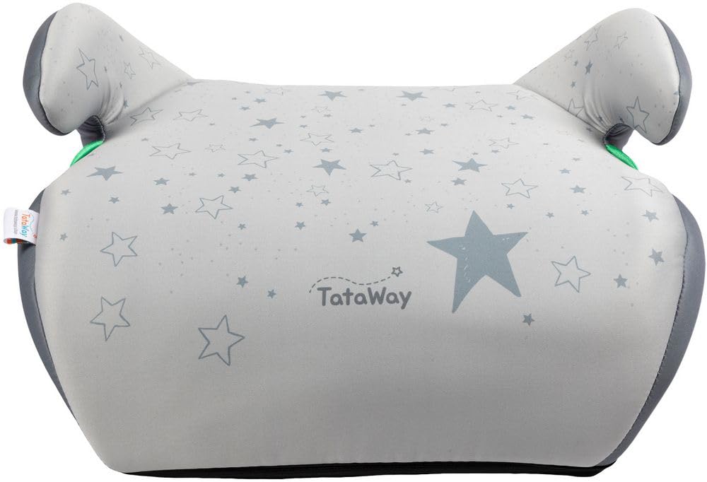 Tataway Seggiolino alzatina auto i-Size ECE R129/03. Alzabimbo per la sicurezza dei bambini con altezza da 125 a 150 cm. Rialzo con grafiche con stelline, seduta per bimbi su fondo grigio.