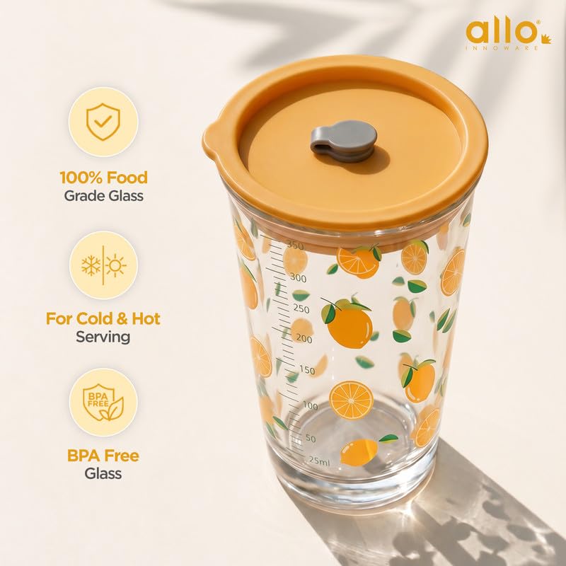 Image of Allo Reusable Glass Mug Sipper Tumbler with Straw, Unique 2 in 1 Anti Spill Lid | Microwave Safe Leakproof Glass with Anti-Slip Grip for Hot & Cold Coffee| Car, Office, Travel use | 450ml (Orange)