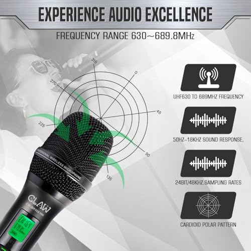 Image of CLAW CW-BR100HH Dual Channel UHF Wireless Microphone System with 2 Handheld Mics, One-Tap Mute, Auto IR Frequency Scan & Lock, LCD Display, 100m Range, XLR & 6.35mm Output for Stage, DJ & Karaoke