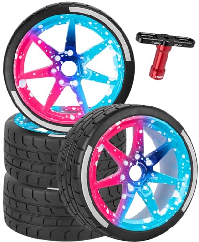 BRCatWPark RC Highway Tires Wheel for 1/8 Typhon 6s BLX,1/7 Infraction 6S BLX/Limitless,RC Wheel Rim & Rubber Highway Tires RC Drift Wheels and Tires,Blue Pink