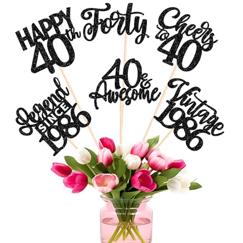 12PCS Happy 40th Birthday Centerpiece Sticks Forty Vintage 1986 Table Flower Centerpieces Sticks Cheers to 40 Lengend Since 1986 Decorations for 40th Birthday Party Centerpieces Supplies Black