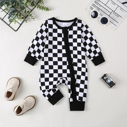 Karuedoo Newborn Baby Boy Girl Clothes Checkered Long Sleeve Zipper Romper Jumpsuit One Piece Bodysuit Fall Winter Outfit2