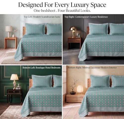 Image of BSB HOME 240 TC Cotton Double Bedsheet with 2 Pillow Covers, Soft & Breathable Bed Sheet for Double Bed, Fade & Wrinkle Resistant, Floral Print, 90 x 100 Inches (228 x 254 cm) - Seafoam Green