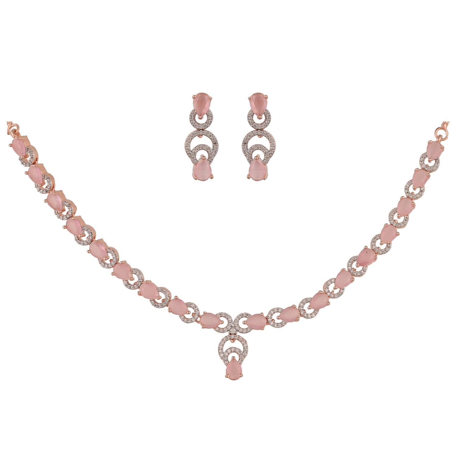 Ratnavali Jewels Brass Rose Gold Plated American Diamond Cubic Zirconia Pink Sleek Necklace Jewellery Set With Dangler Earrrings For Women/Girls (B0CBMMDH95) Amazon Price History, Amazon Price Tracker