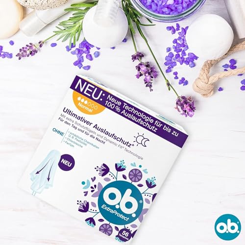 o.b. ExtraProtect Normal Tampons 56 Stk., Tampontechnologie mit extra Schutzflügel und Dynamic Fit Technologie für Tag und Nacht, 100 Prozent Auschlaufschutz