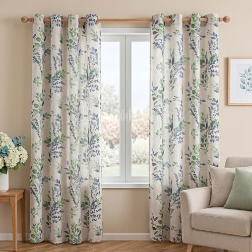 Image of MYSKY HOME Linen Sheer Curtains for Living Room Leaf Patterned Semi Vertical Drapes Decor Farmhouse Style Texture for Dining Room Light Soften Privacy, Green, W52 x L84, Pack-2
