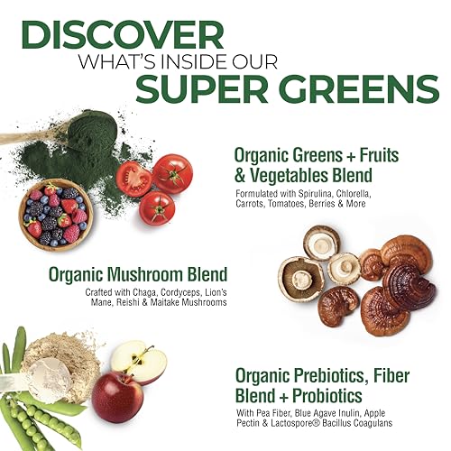 Country Farms Super Greens Natural Flavor, 50 Organic Super Foods, USDA Organic Drink Mix, Fruits, Vegetables, Super Greens, Mushrooms & Probiotics, Supports Energy, 20 Servings, 10.6 Oz
