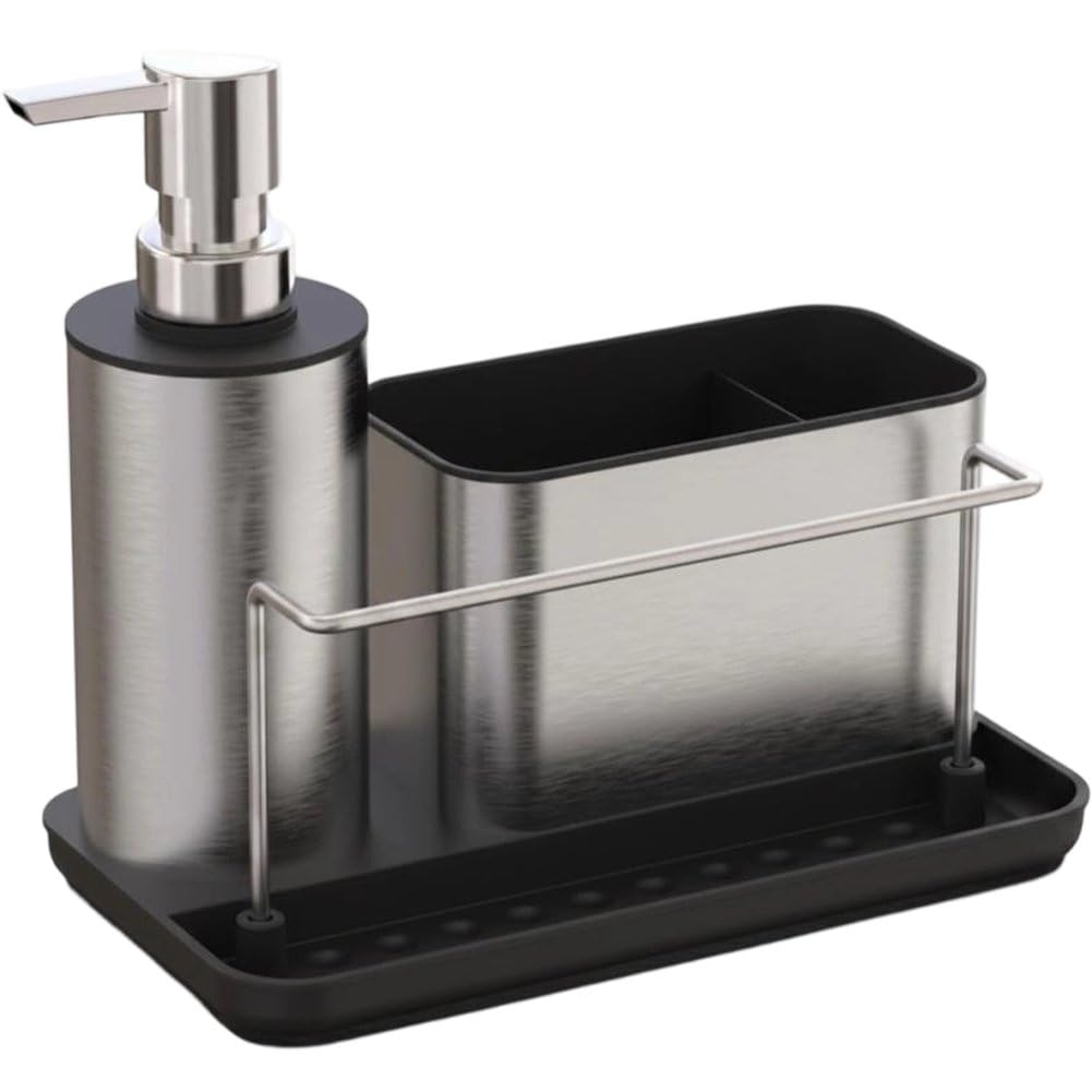 Fituenly Kitchen Sink Caddy with Soap Dispenser, Multi-purpose Stainless Steel Sponge Holder & Drainer Rack, Rustproof Brush Holder Countertop Organizer