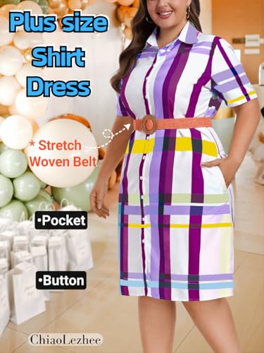 Image of ChiaoLezhee Plus Size Shirt Dress, Colorful Plaid Match Waistband, Fits 1XL-5XL