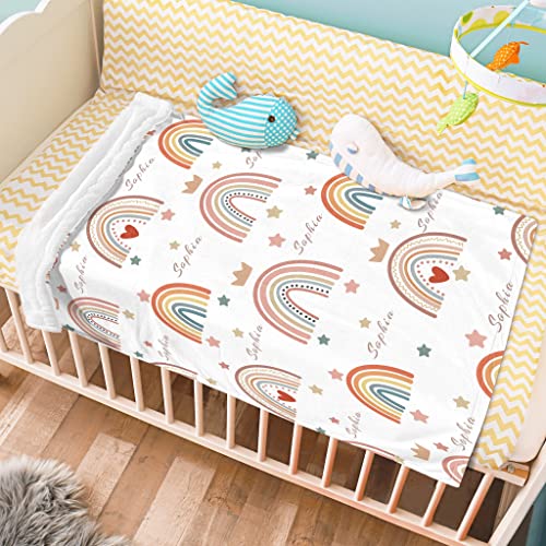 Image of Custom Boho Rainbow Blanket with Name, Personalized Nursery Receiving Blankets for Baby Girls, Customized Newborn, Easter Birthday Gifts for Kids Girls