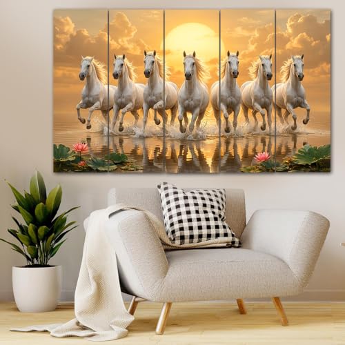 Image of Spacter White Horses Wall Painting for Living Room Big Size - 7 Running Horses Painting Vastu for Bedroom, Office, Hotel - Wall Decor Digital Painting Wooden Framed for Gifting (30x60inch)
