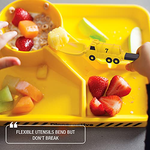 Dinneractive Dining Set For Kids - 3Pc Yellow Firefighter Dinnerware - Fire Truck Utensils - Toddler Plates - Baby Dishes #TOP5