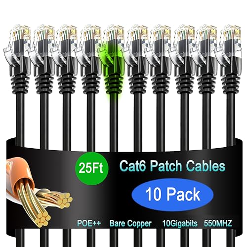 Image of Cat6 Ethernet Patch Cable 25 ft (10 Pack), Cat6 Patch Cable 26AWG Pure Copper for Data Centers, Cat 6 Patch Cable 10G, Network Patch Cables for Home and Enterprise Network -Black