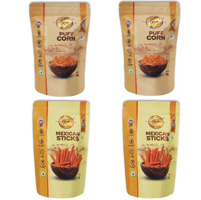 THE GOOD PALATE Tgp Roasted Puff Corn (Pack Of 2) 50 G Each, Spicy Kick, No Added Preservatives, 0% Palm Oil, Mexican Sticks (Pack Of 2) 75 G Each, Spicy Tangy Flavour, No Maida, Healthy Snack