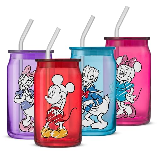 JoyJolt Disney Mickey Mouse and Friends Color Sketch Glass Tumblers with Lids and Straws, 16oz Glass Cups with Lids and Straws, Can Shaped Drinking Glasses Set of 4, Disney Gifts for Adults