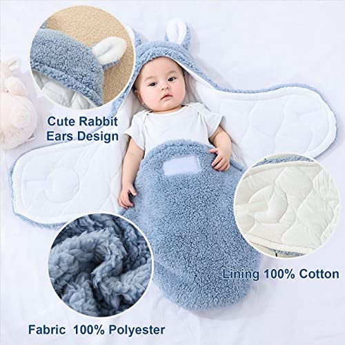 Simyjoy Enjoy The Simplicity Baby Swaddle Blankets Tog 2 Sherpa Newborn Wearable Blanket With Cute Rabbit Ears Warm Baby Hooded Sleep Swaddling Wrap Gift For Infants 1-3 Month, Blue #TOP4