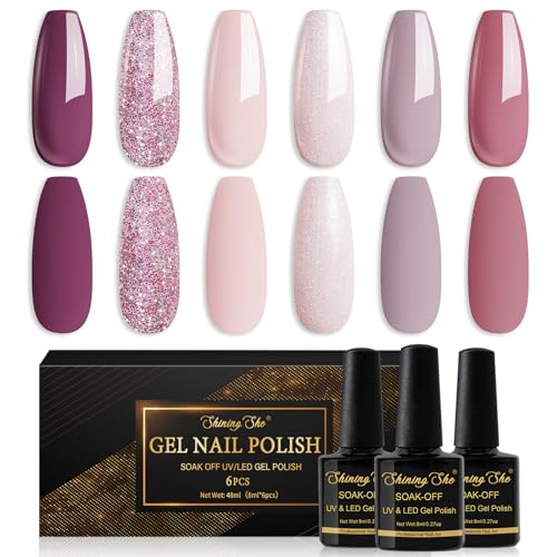 Shining She UV Nagellack,6 Farben Nude Rosa Hellrosa Dunkelviolett Grau Lila Glitzer Rosa Gellack Soak-Off UV Gel Nagellack Set für Valentinstag Party Hochzeit Art Nail Salon,8ML
