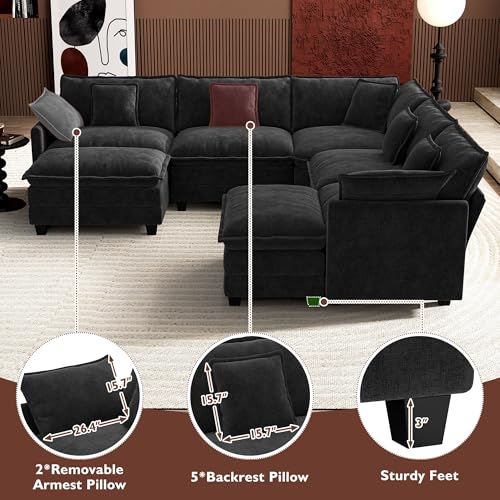 Image of Ihanherry 114 inch V-Shaped Modern Sofa Modular Sectional Cloud Couch with 2 Ottoman, 7-Seat Chenille Deep Seat Sofa with Corner Section for Living Room, Bedroom and Apartment, Black