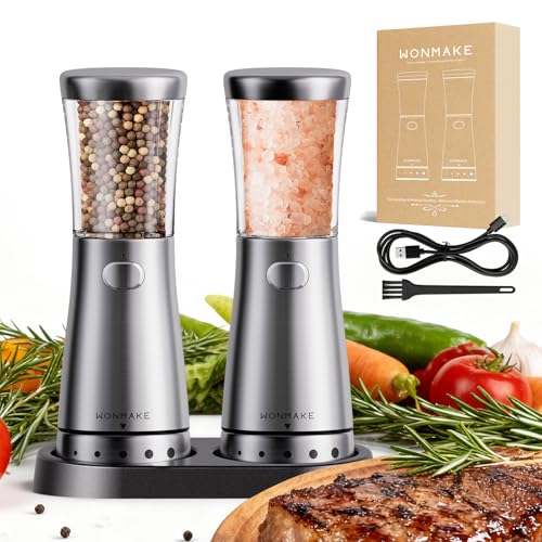 Electric Salt and Pepper Grinder Set with 4.5oz Large Capacity, Stainless Steel Rechargeable Salt and Pepper Grinder Set, Adjustable Coarseness, with Storage Base,Stainless Steel