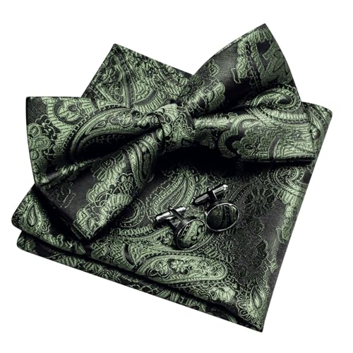 Image of YOHOWA Mens Bow Tie Set Paisley Pre-tied Bowties Adjustable with Handkerchief Cufflinks Gold Ring Set Wedding Prom Party